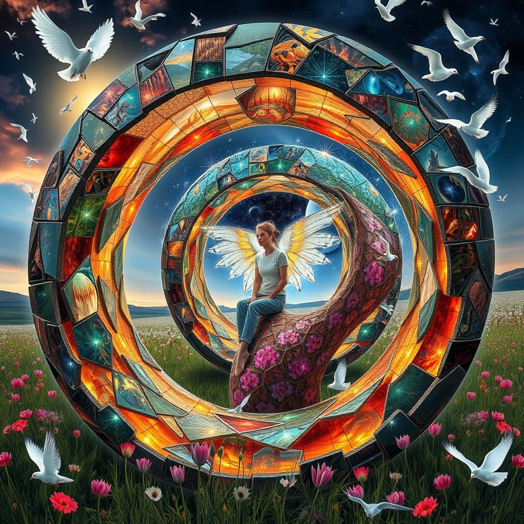 Sculptor in Spiral Artwork Amidst Mythical Creatures and Nat...