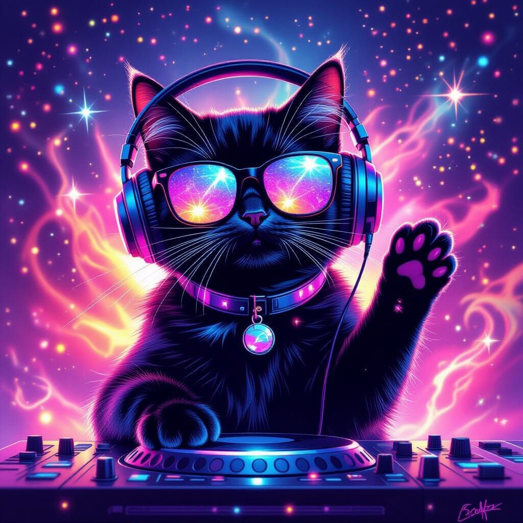 Galaxy Cat DJ with Headphones and Glasses