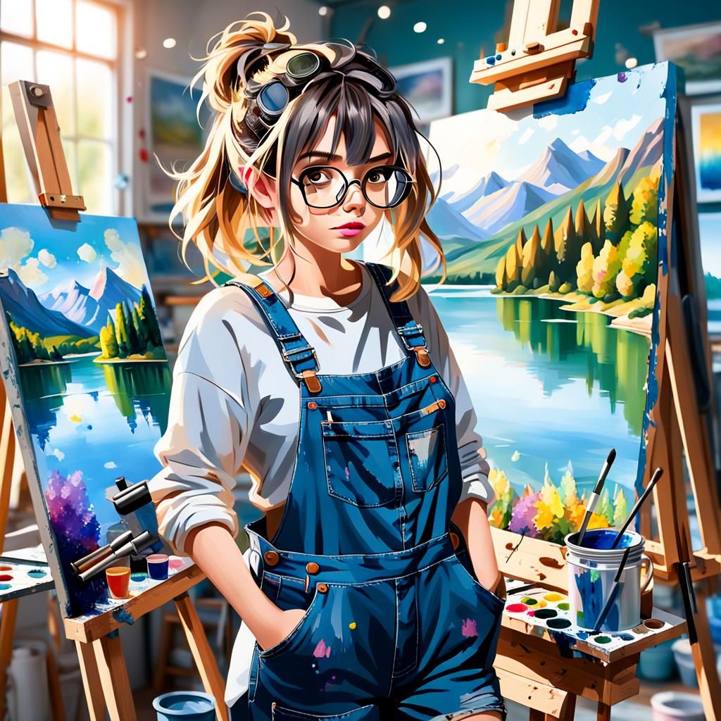 Girl Painting Lakeside Scene in Art Room