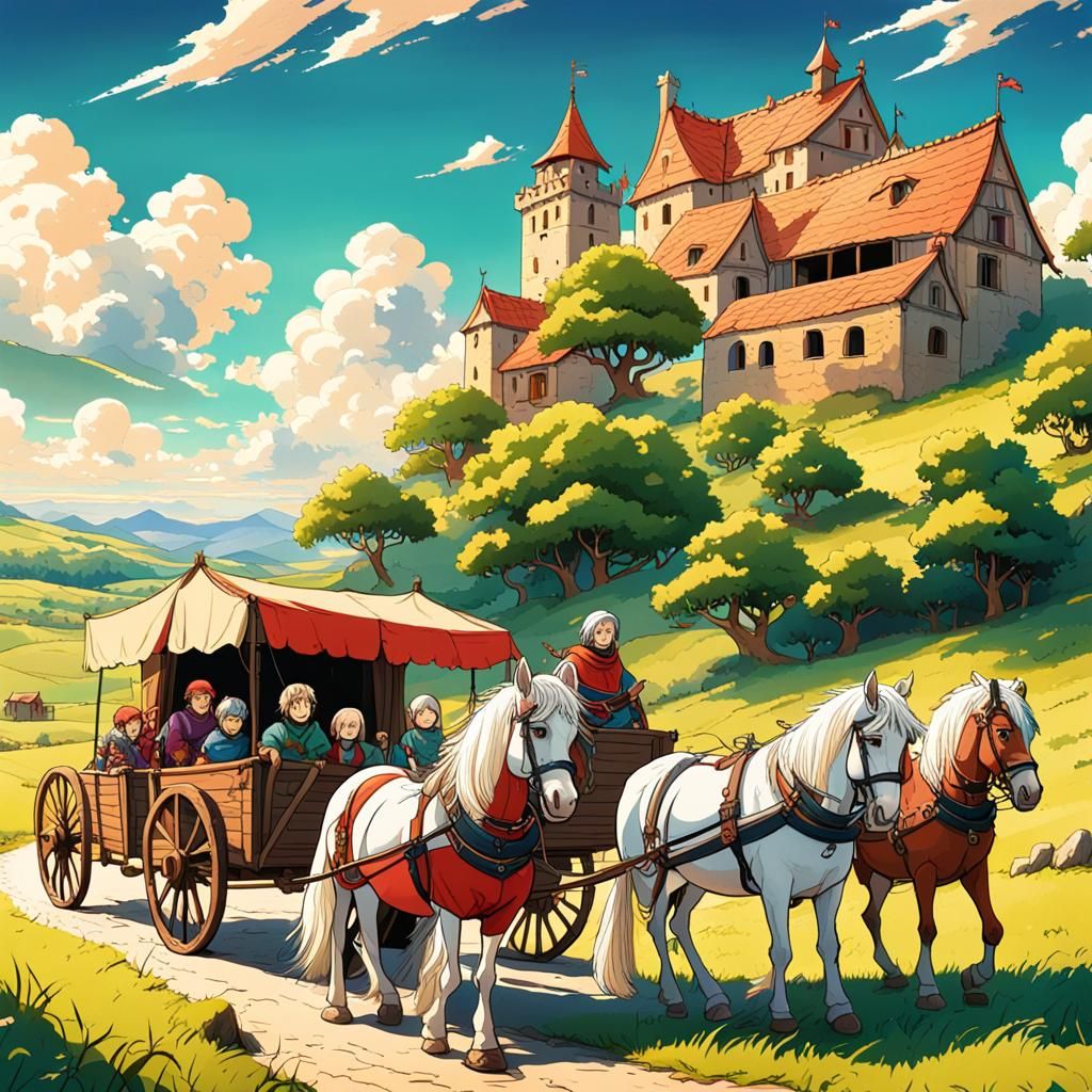 Medieval Family Caravan in Moebius Style