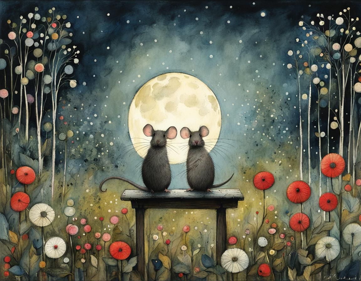Whimsical Mice in Moonlit Garden Illustration