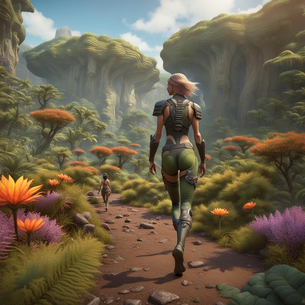 Woman in Cretaceous Savannah: Photorealistic Matte Painting