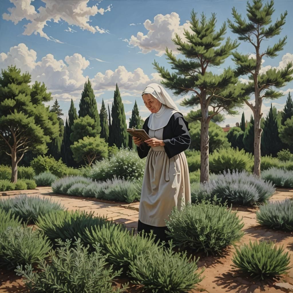 Nun Tending Rosemary Bush in Garden