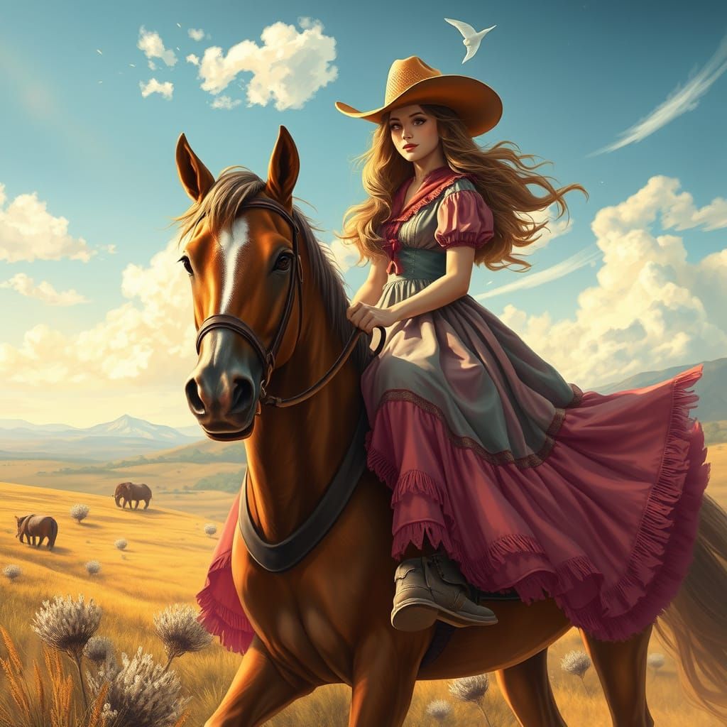 Rodeo Cowgirl in Fairy Tale Landscape: Dreamy Illustration