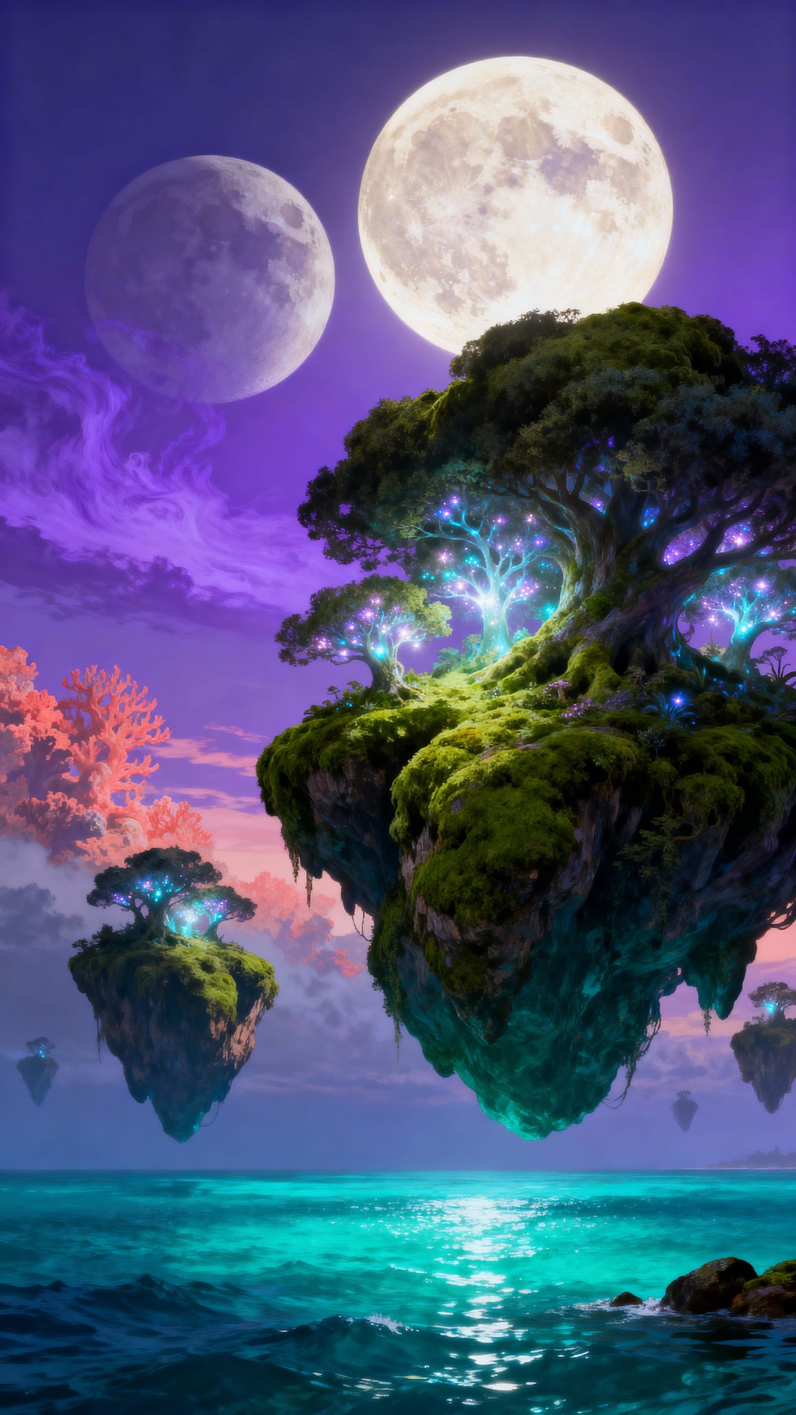 Floating Islands Above Glowing Oceans with Giant Moons