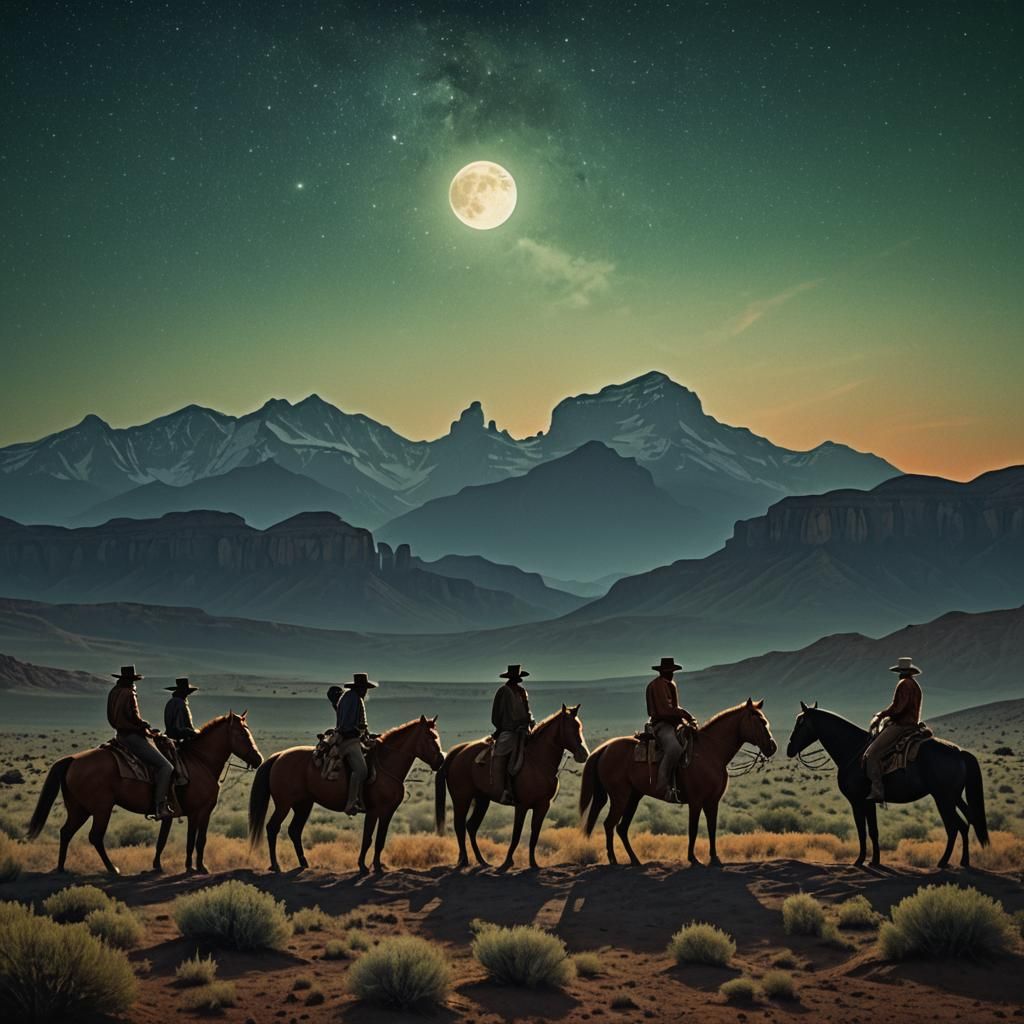Cowboys in Emerald and Orange Western Landscape