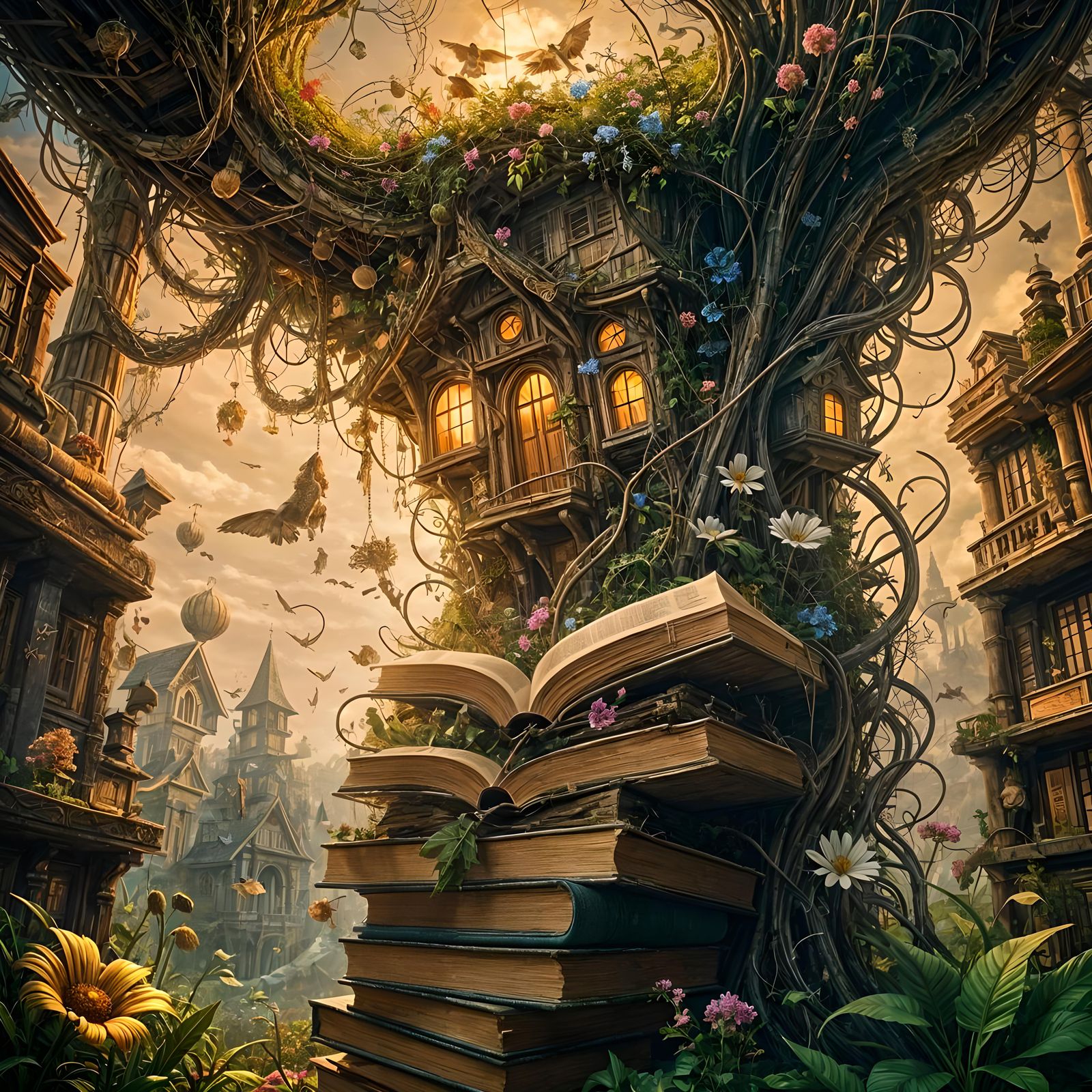 Surreal Land with Flying Books and Twisted Cottage