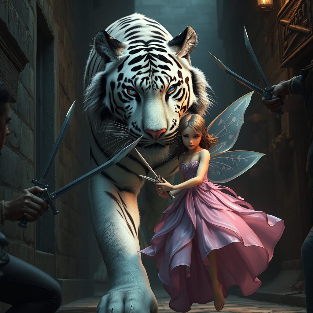 Albino Tiger Rescues Fairy in Dark Alley: 3D Render