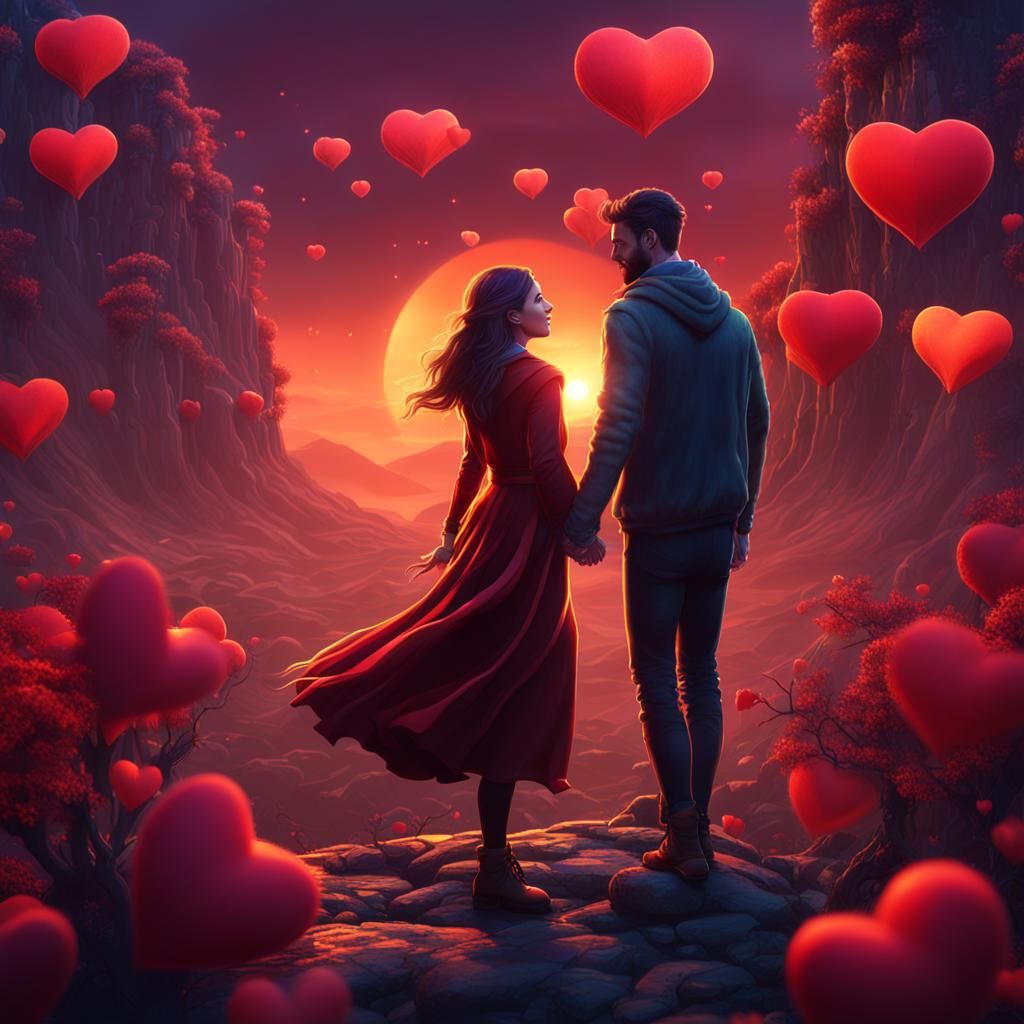 Romantic Sunset Couple: Detailed Matte Painting