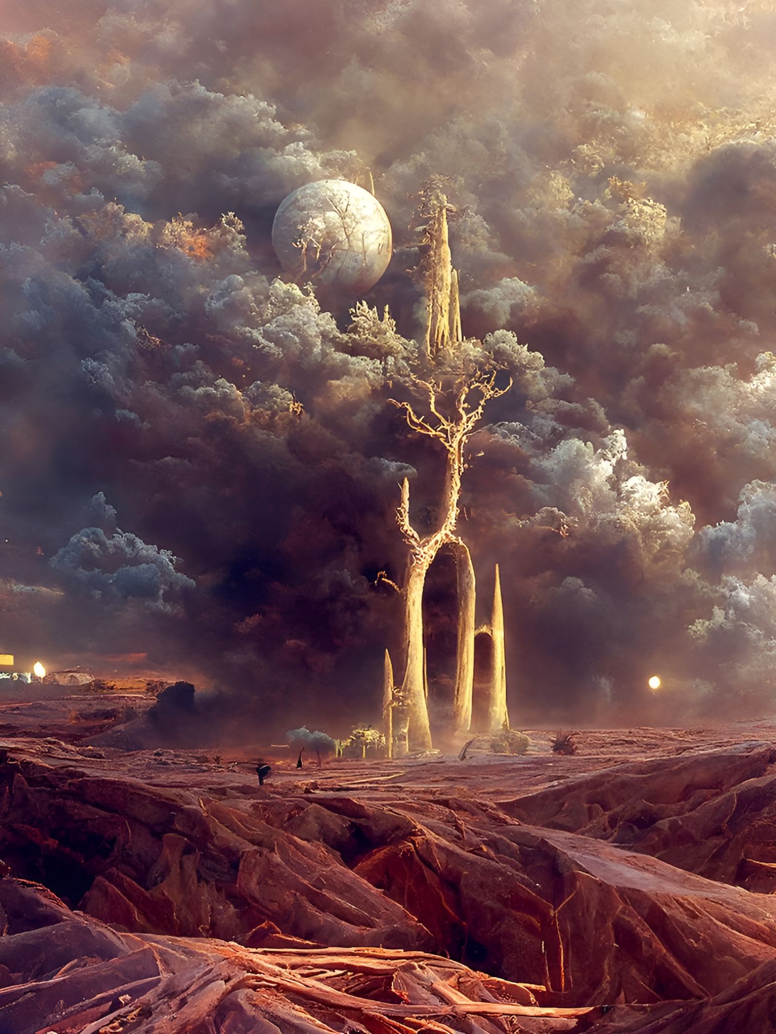 Alien Landscape with Tree and Ruins in Expressionist Style