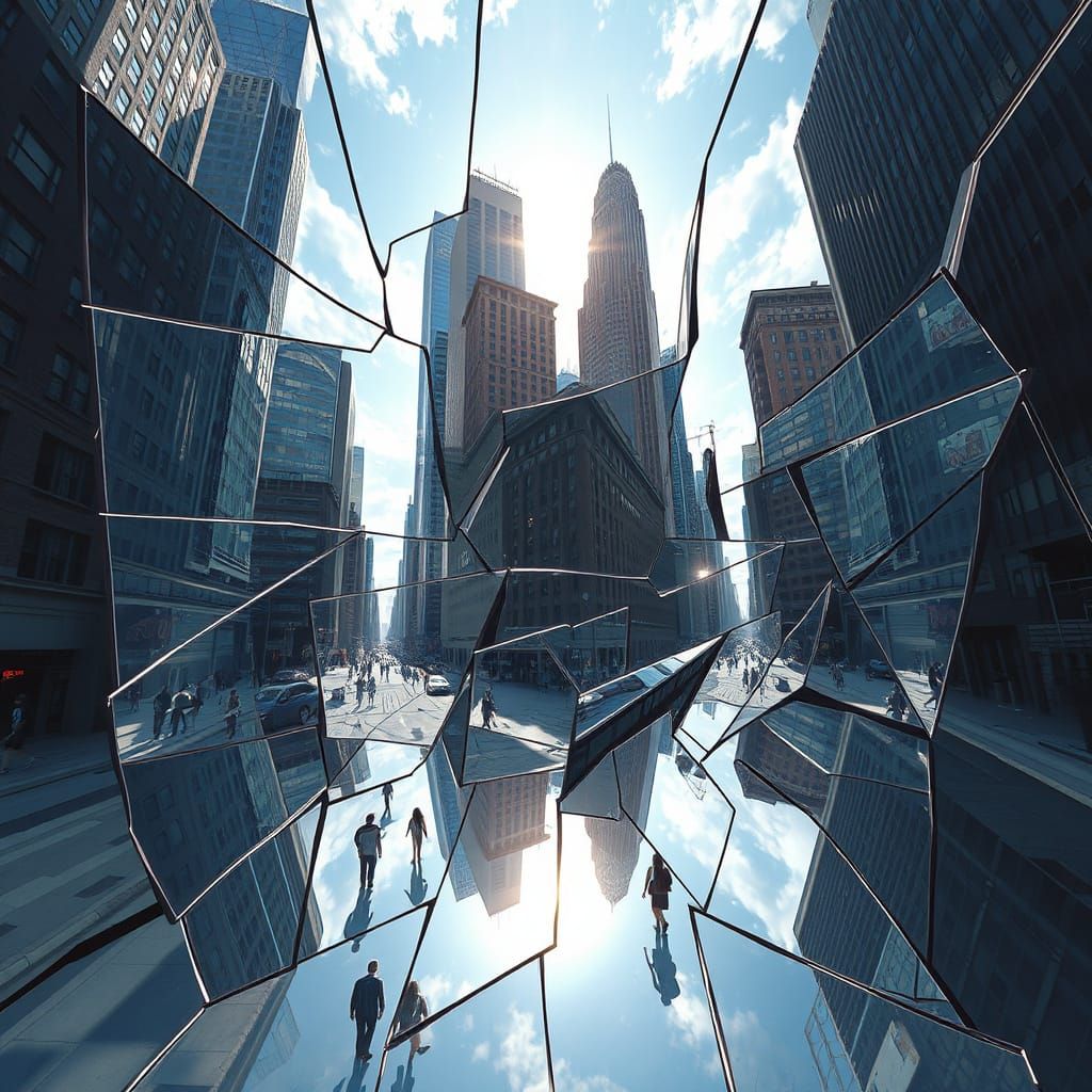 Kaleidoscopic Cityscape Reflected in Shattered Mirror