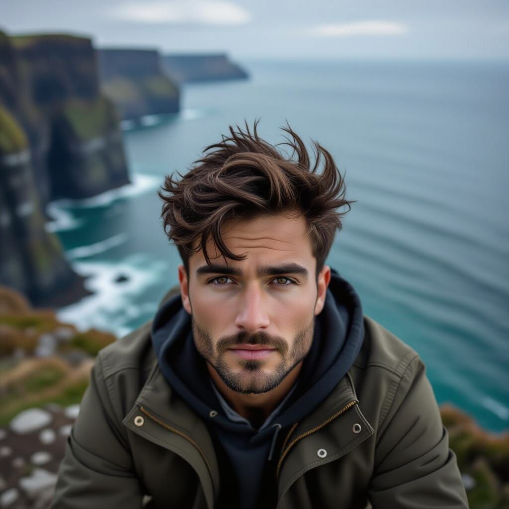 Hyperrealistic Man on Cliffs Overlooking Wavy Sea