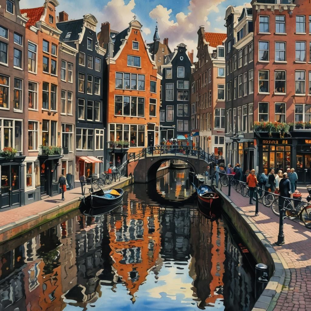 Amsterdam Street Scene in Neo-Impressionistic Style