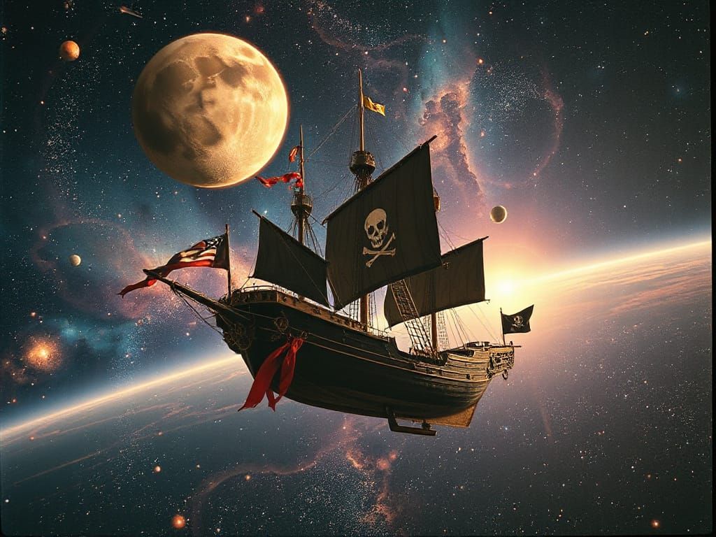 Surreal Retro-Futuristic Pirate Ship Amidst Vibrant Celestia...