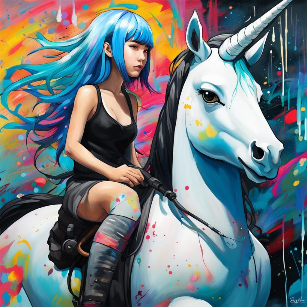 Blue-Haired Girl Riding Unicorn in Graffiti Art Style