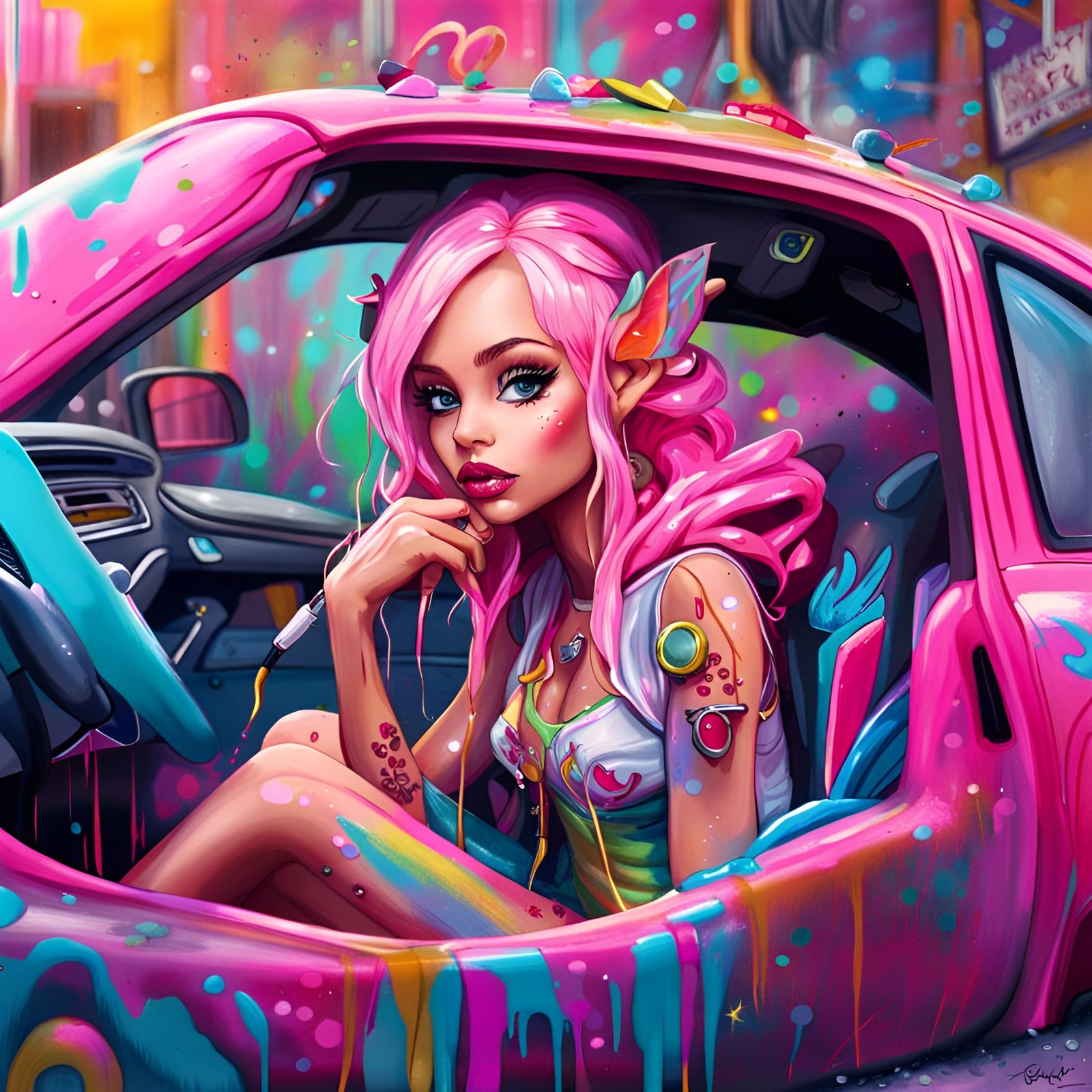 Fairy Elf Barbie in Car: Graffiti Art
