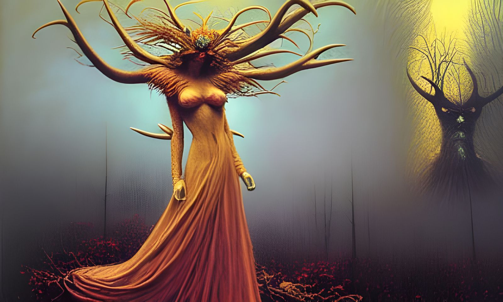 Macabre Autumn Huntress in Eerie Forest