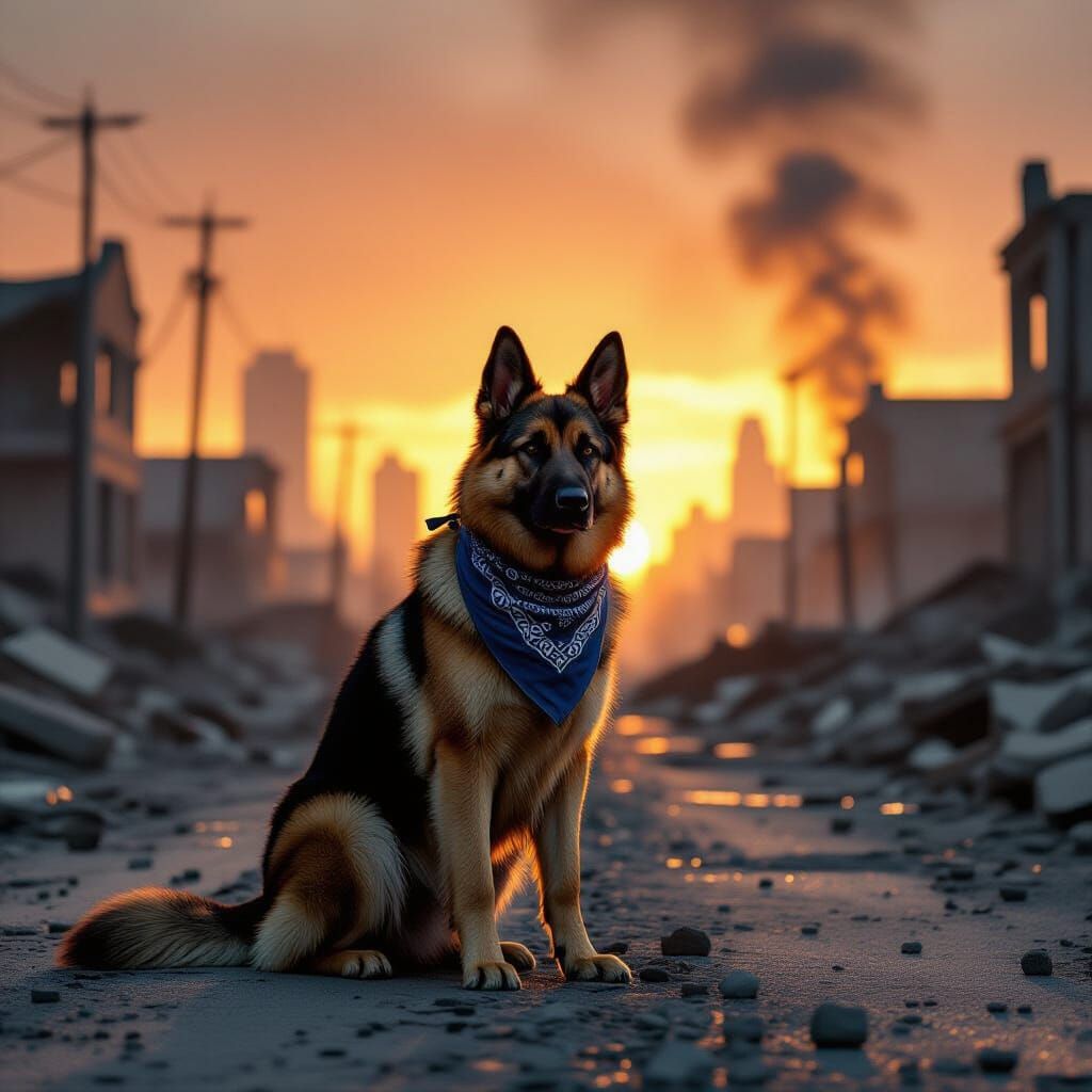 Heroic Dog in Burning Dystopian Cityscape
