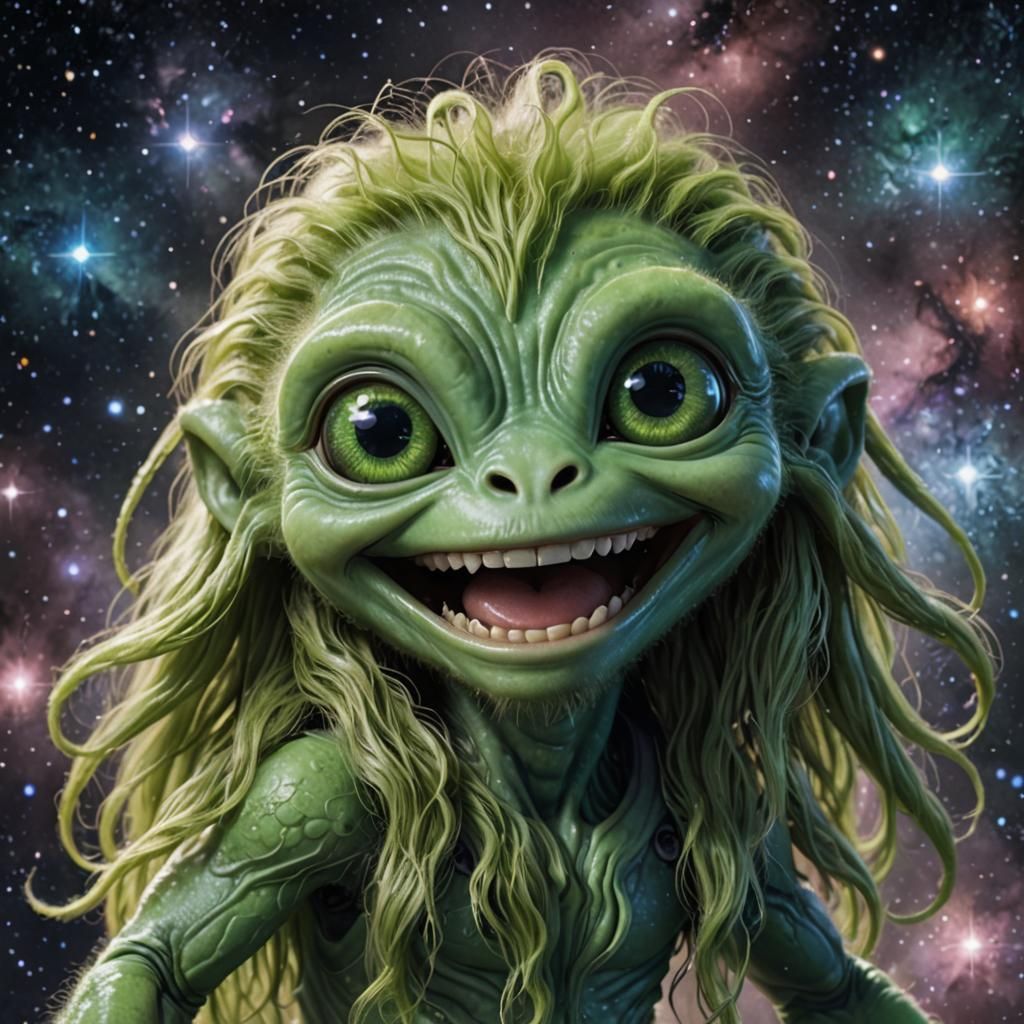 Cute Green Alien with Big Eyes and Smile