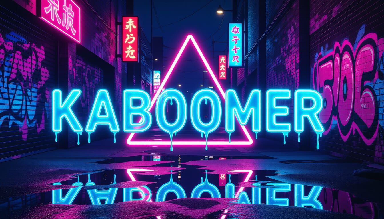 Neon "KABOOMER" Sign in Synthwave Graffiti Style