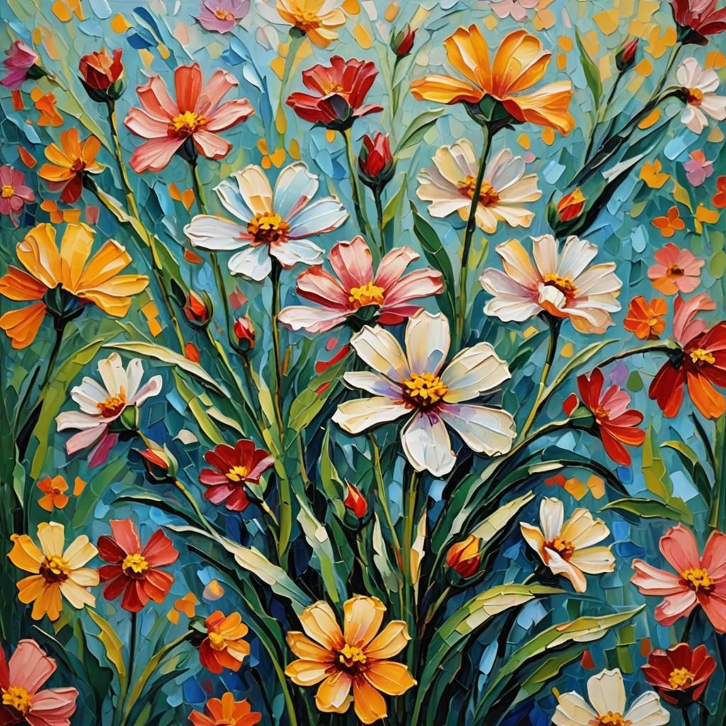 Colorful Flower in Expressionist Impasto Oil Painting