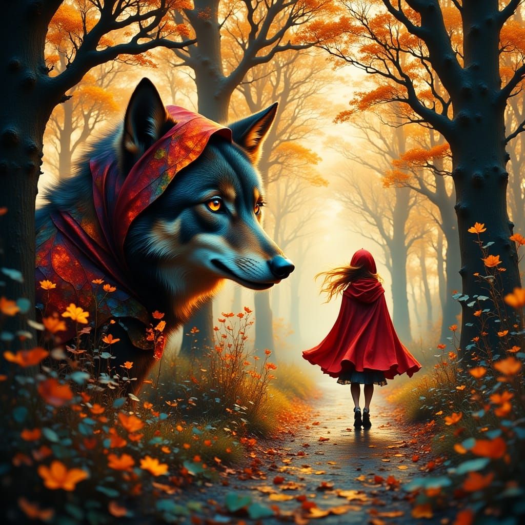 Wolf Watches Little Red Riding Hood in Autumn Forest