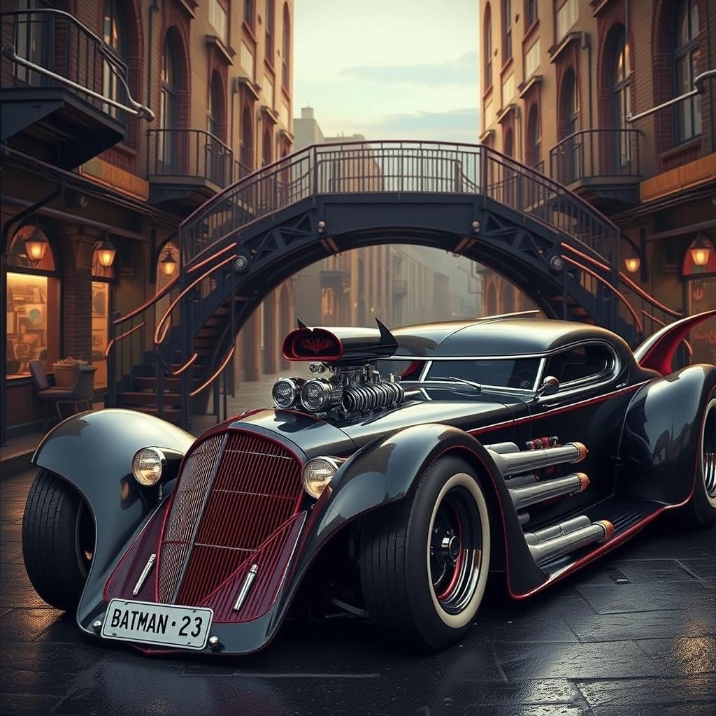1950s Hot Rod Batmobile in Film Noir Style