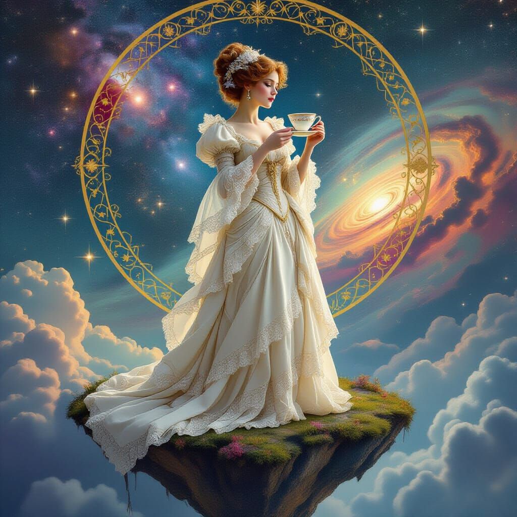 Victorian Lady on Floating Island in Nebula