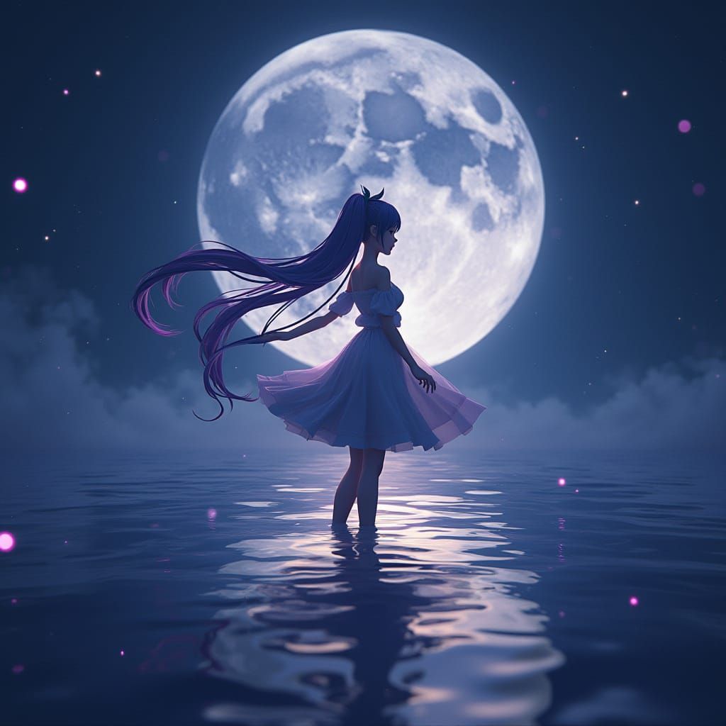 Anime Seascape with Moonlight and Stars