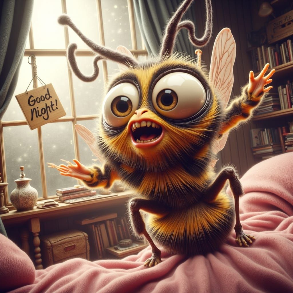 Bumblebee Caricature in Pajamas with 'Good Night' Sign