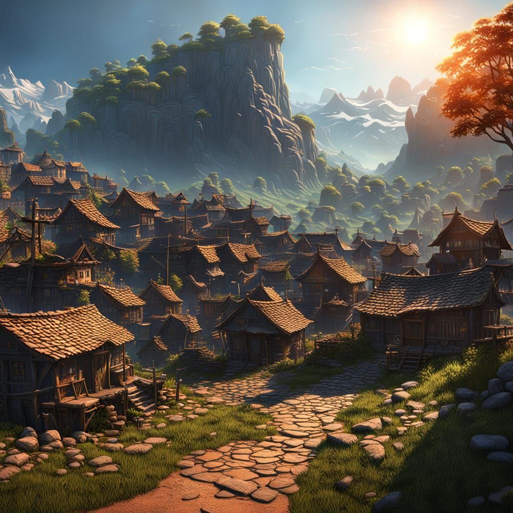 Sunlit Village Matte Painting in Detailed Fantasy Art