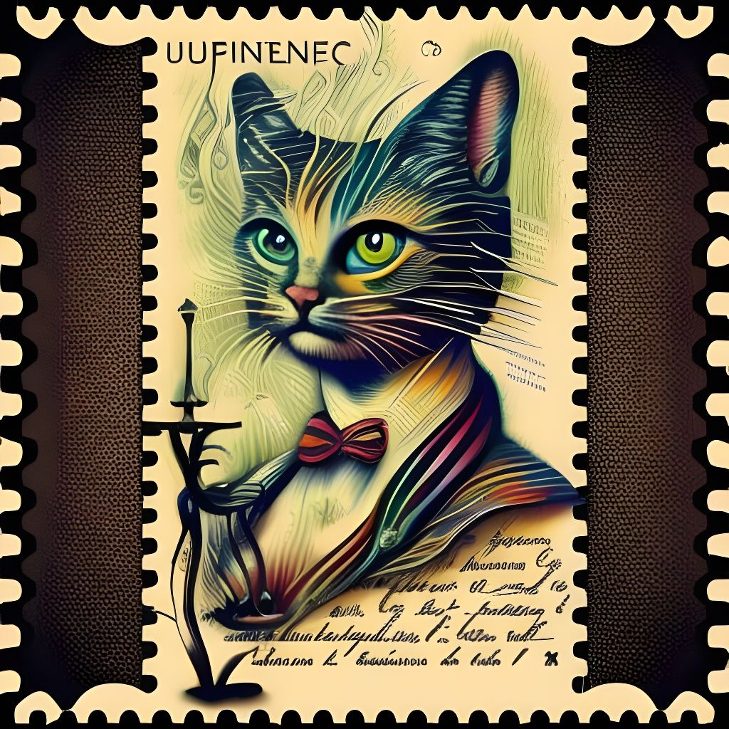 Fantasy Cat Portrait in Postage Stamp Style