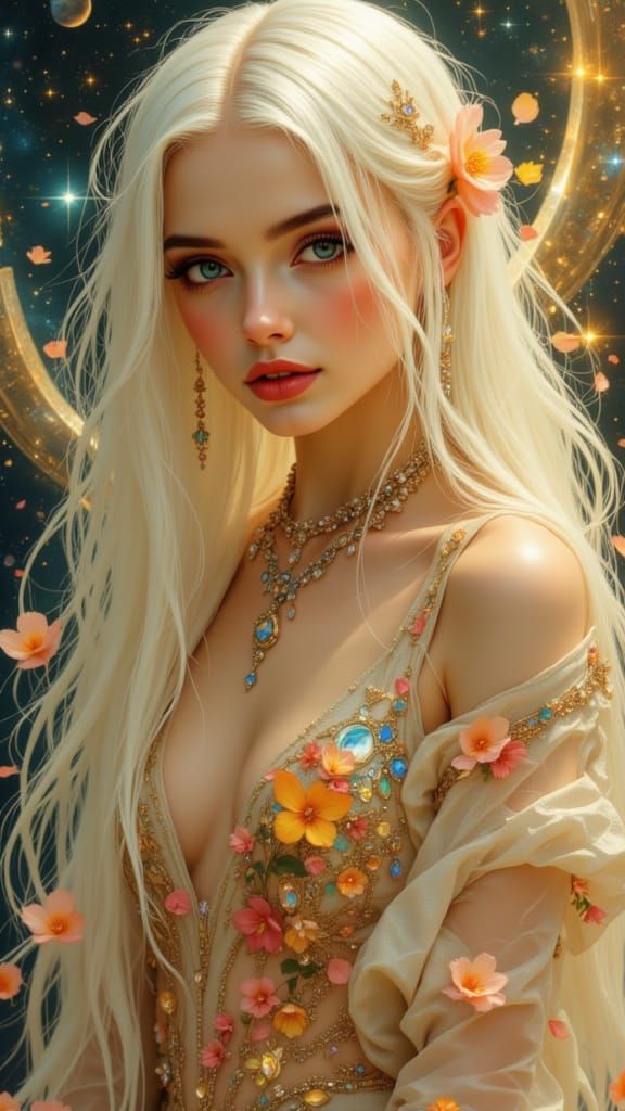 Ethereal Space Woman in Golden Light with Flowing Hair