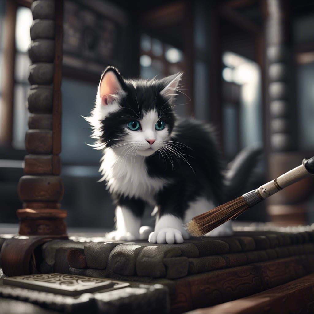 Kitten Plays With Ink Brush in Chinese House