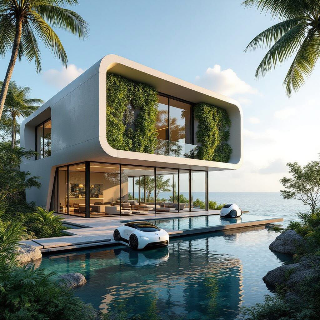 Futuristic Smart Home on Island, Minimalist Style
