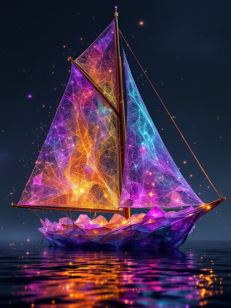 Dreamlike Sailboat with Vibrant Fiber Optic Hull