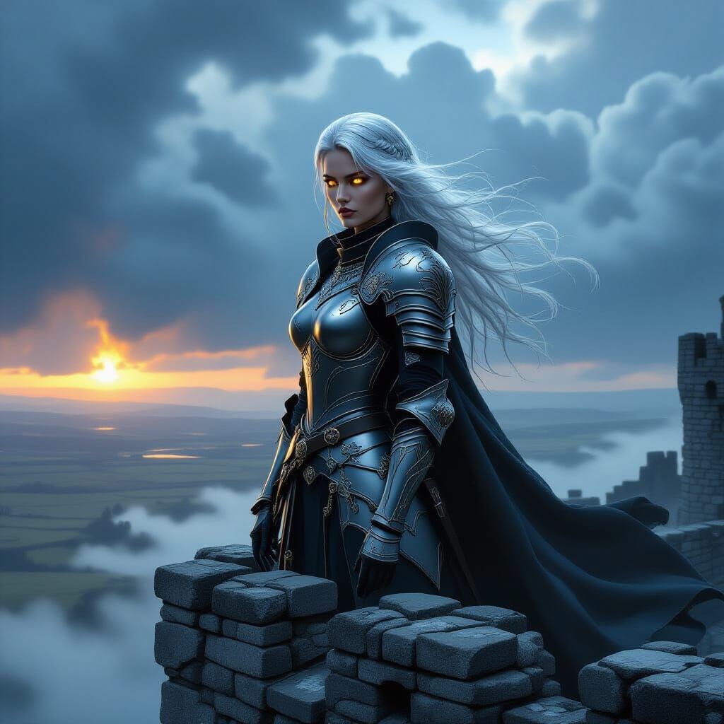 Gothic Knight Vigil on Crumbling Castle Walls