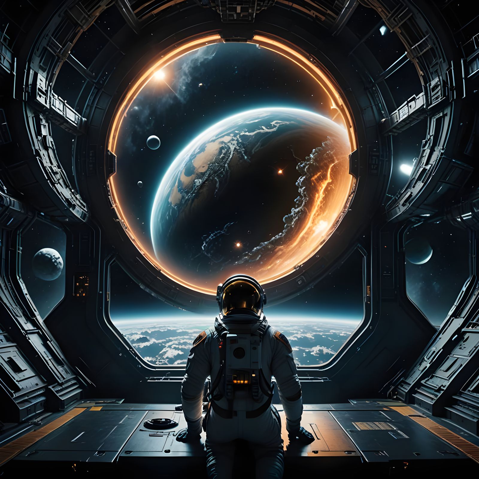 Astronaut Contemplates Gas Giant From Spaceship Hangar
