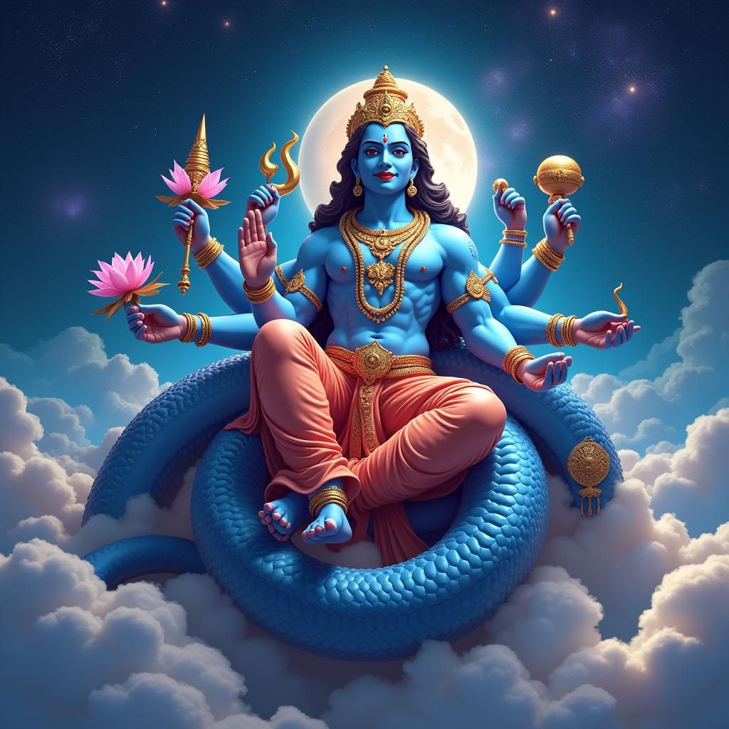 Four-Armed Deity on Cosmic Serpent in Celestial Scene