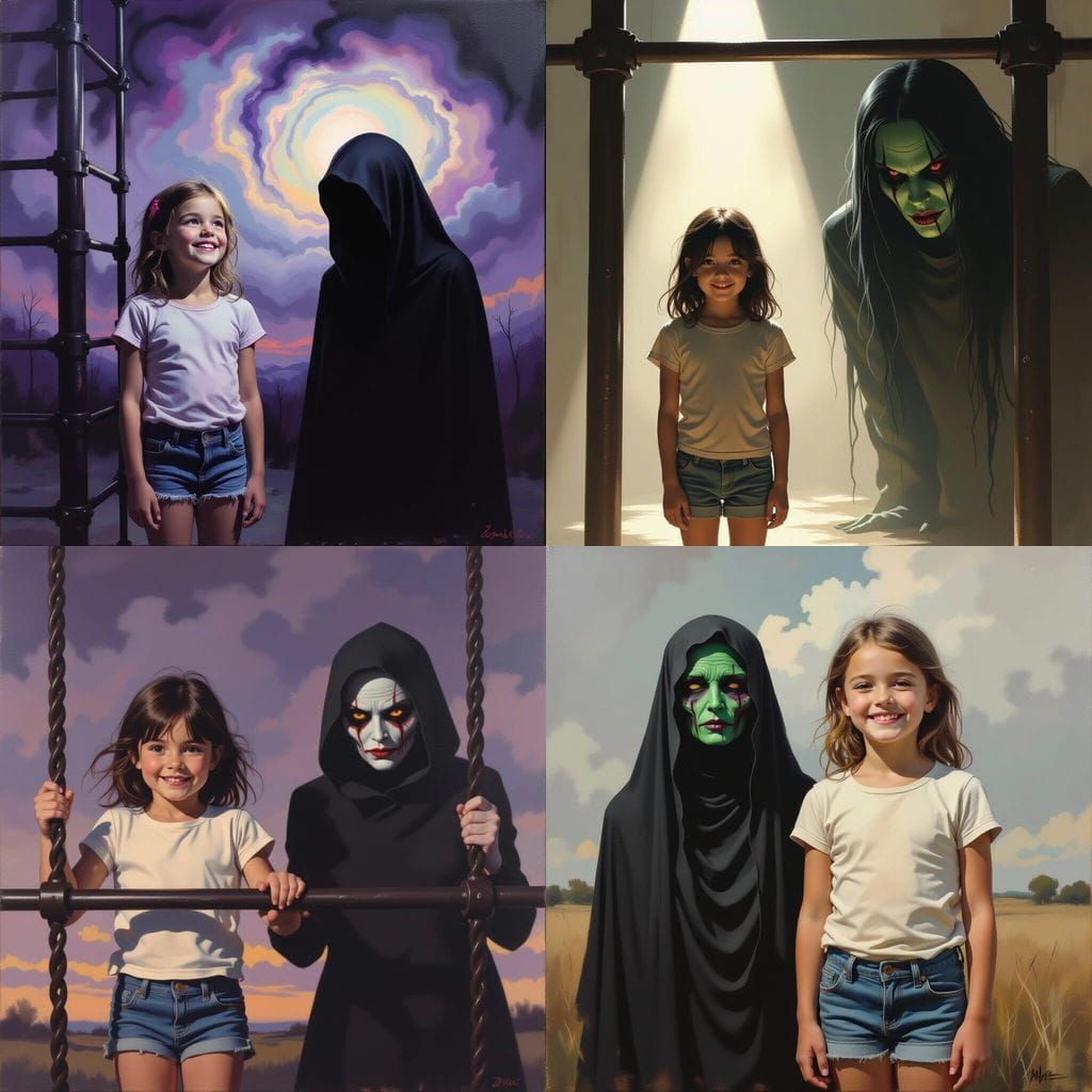 Monochromatic Oil Painting: Children on Monkey Bars