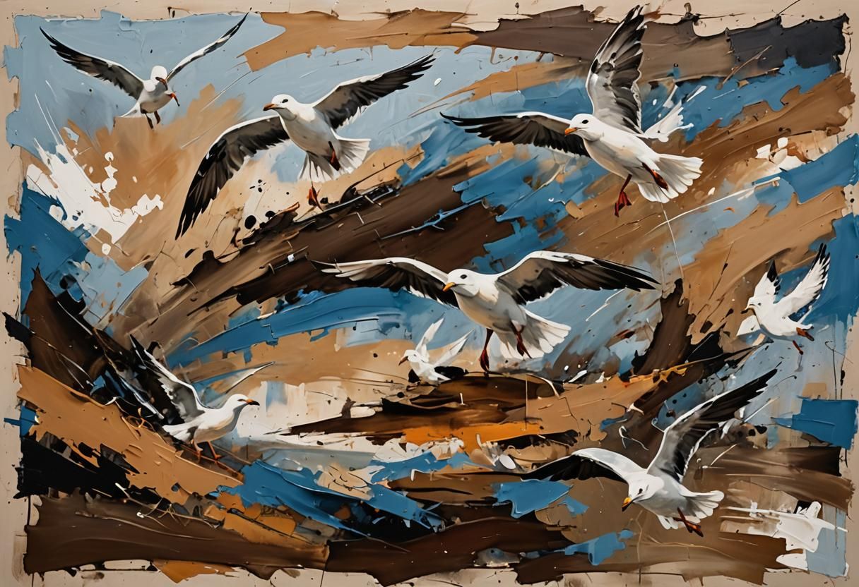 abstract painting of seagulls evokes a sense of dynamic move...