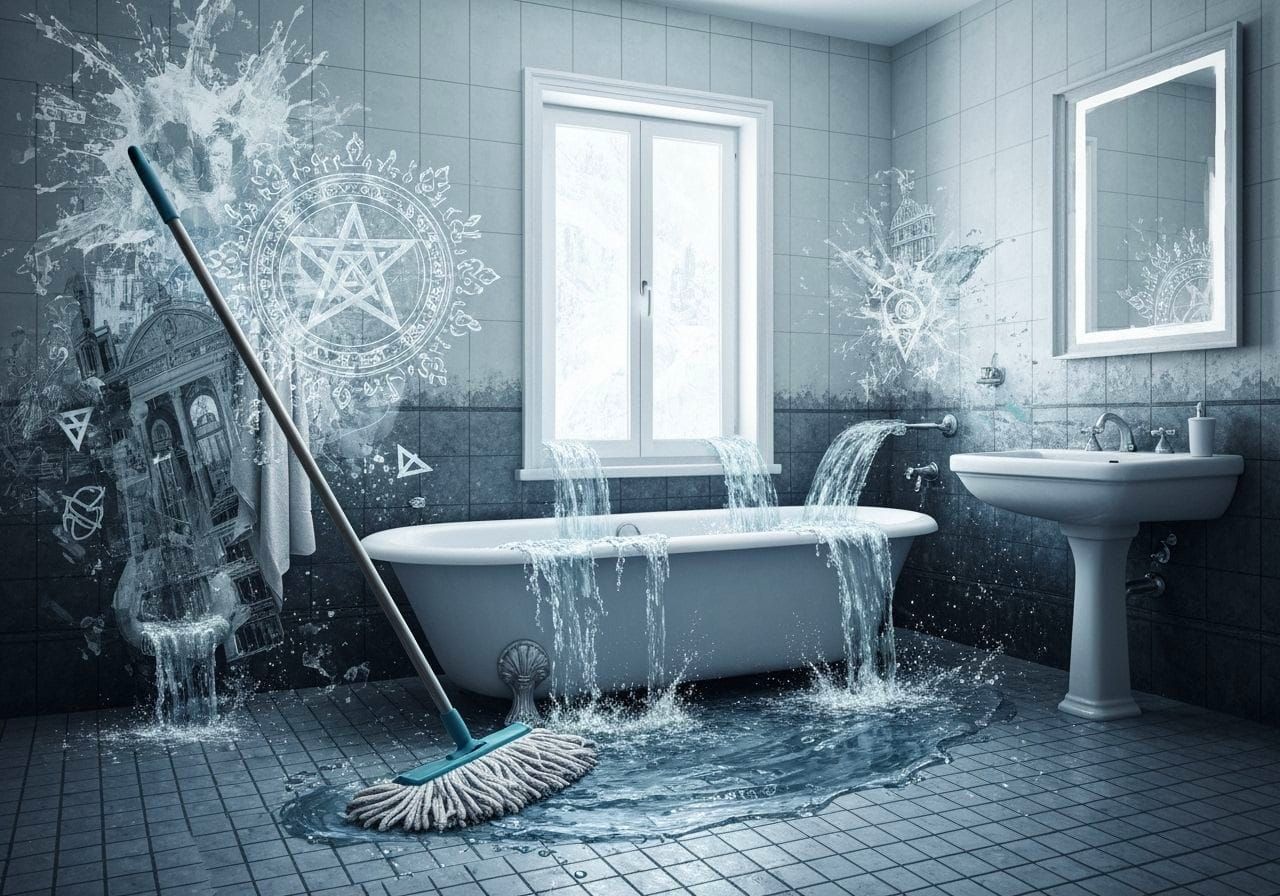 Surrealist Digital Art: Bathroom Flooded by Magical Mop