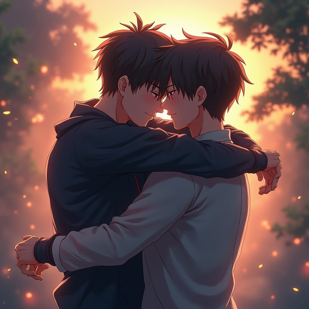 Comforting Embrace: Two Men in Anime-Inspired 3D Art