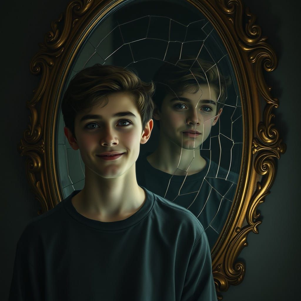 Young Man Contemplates Turbulent Inner Self in Ornate Mirror