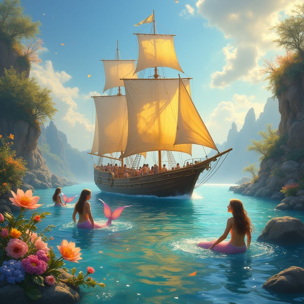 Golden-Hued Ship in Vibrant Bay with Mermaids