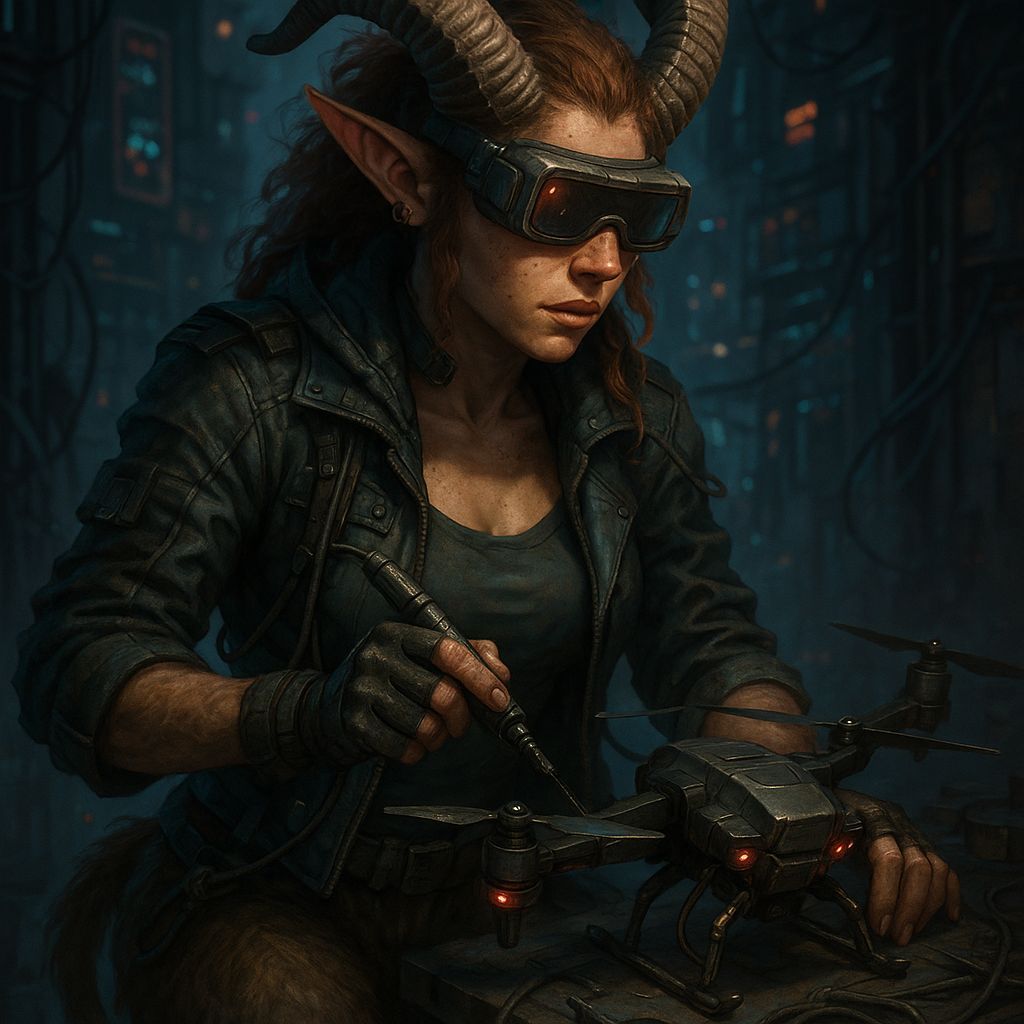 Shadowrun Female Satyr Rigger in Cyberpunk Style