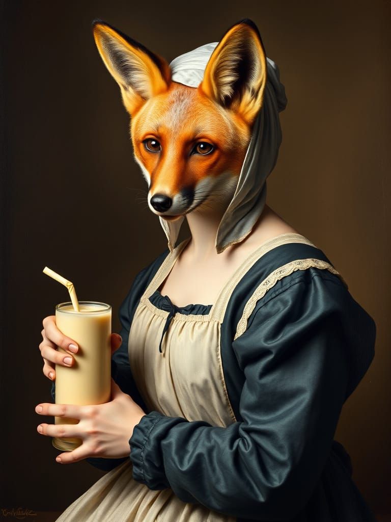 Anthropomorphic Fox as Vermeer's Milkmaid in a Whimsical Por...