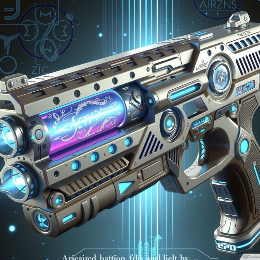 A sleek, metallic, futuristic laser pistol with an aerodynam...