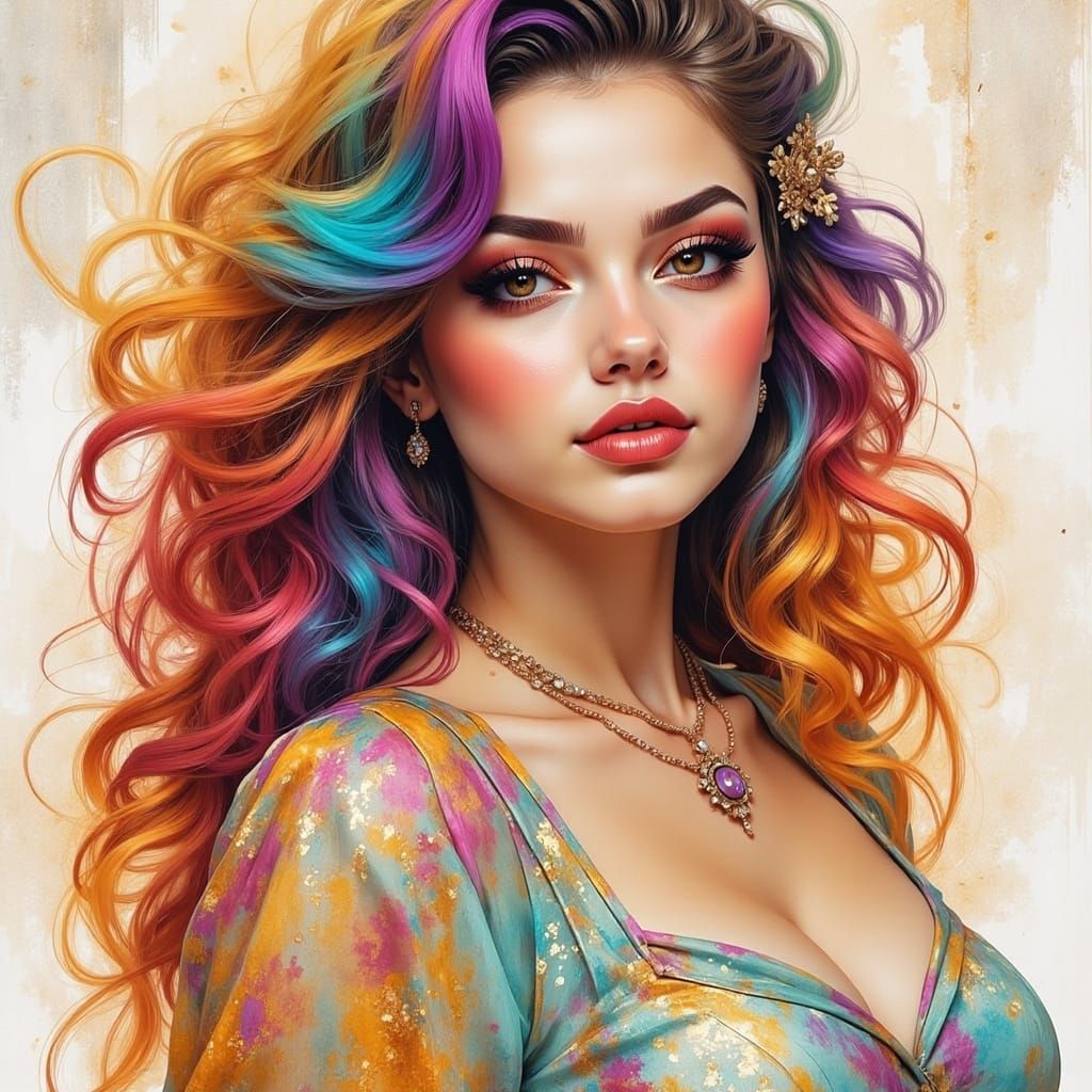 Glamorous Woman with Rainbow Hair in Trashpunk Watercolour S...