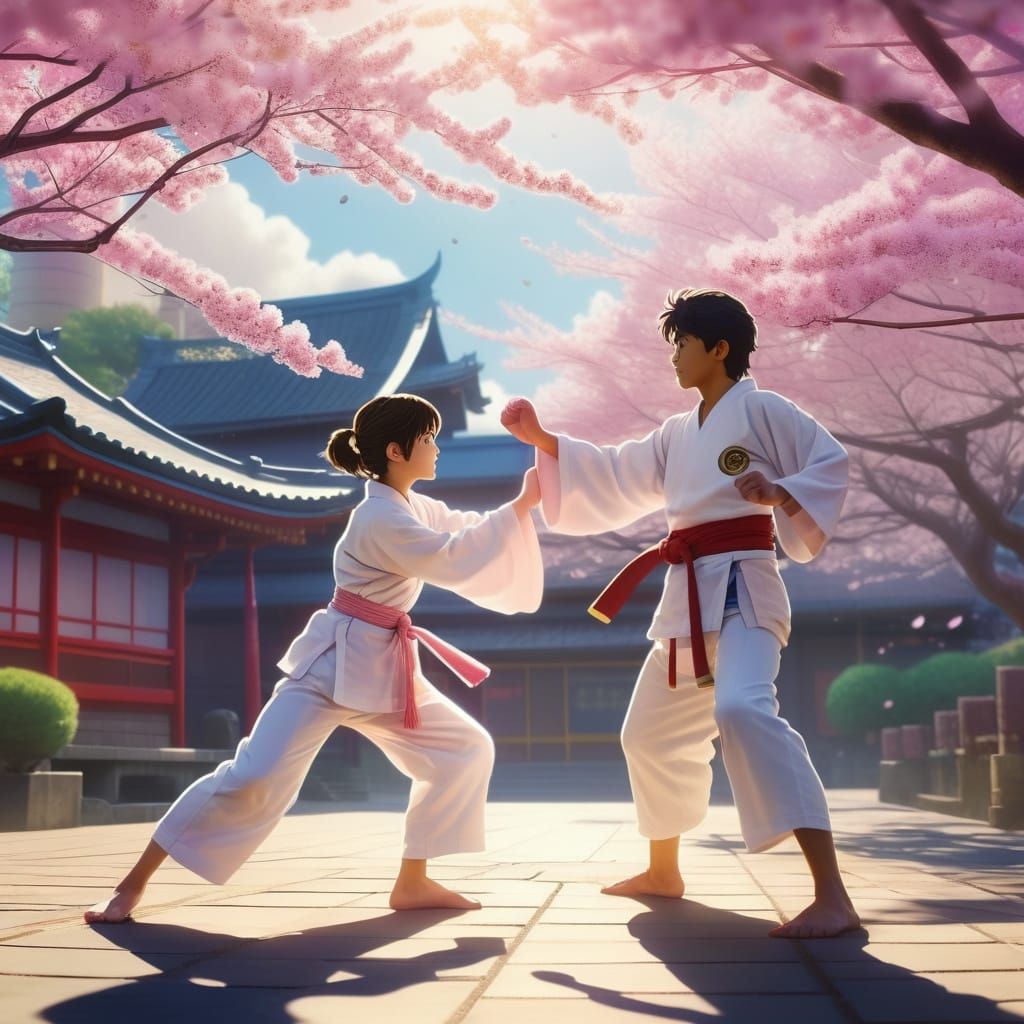 Karate kid at the dojo,
In fight with sailor moon